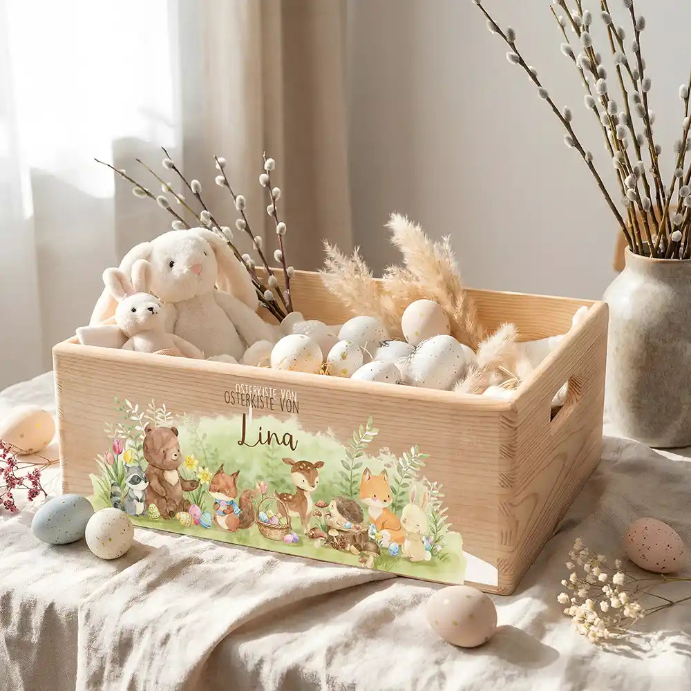 Osterkiste Holz personalisiert - Waldfamilie