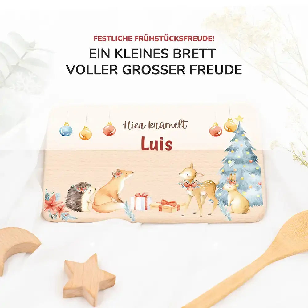 Weihnachts-Set Frühstücksbrettchen und  Emaille Tasse - Fuchs im Wald