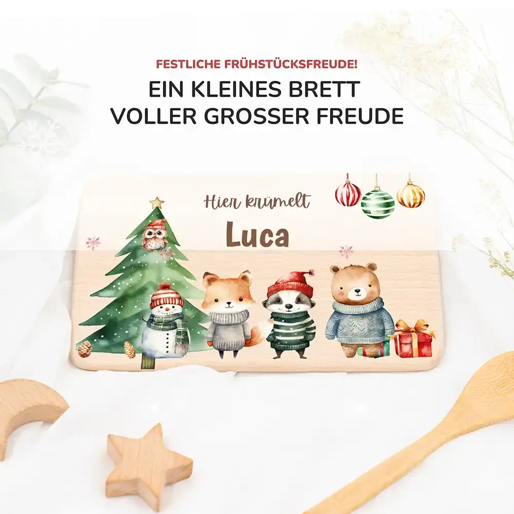 Weihnachts-Set Frühstücksbrettchen und  Emaille Tasse - Kuscheltier-Abenteuer