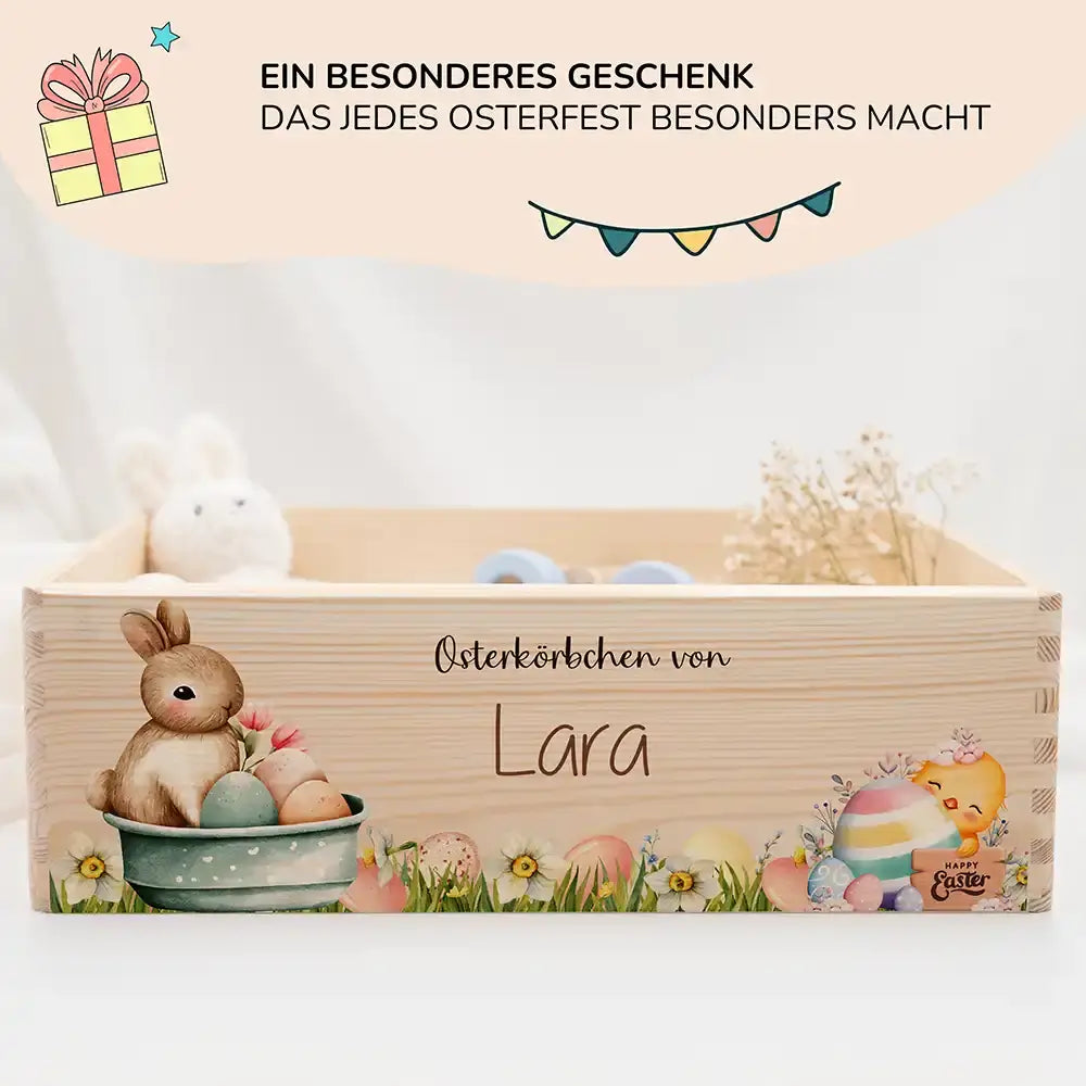 Osterkiste Holz personalisiert - Häschen im Blumenbad