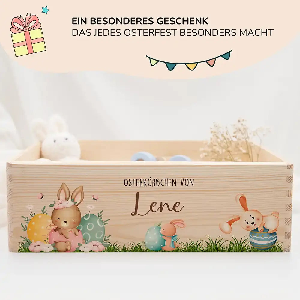 Osterkiste Holz personalisiert - Eierspaß mit Hasenbande