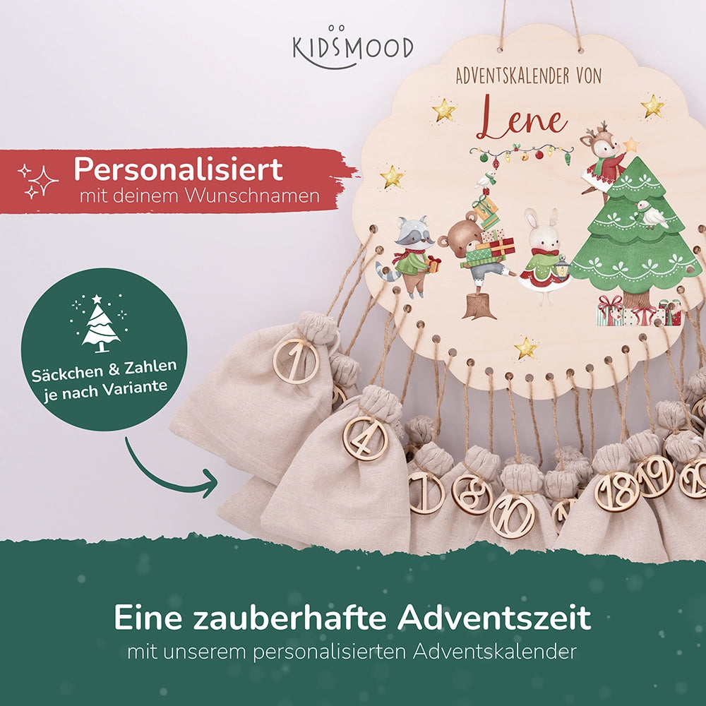 Personalisierter runder Adventskalender Kinder aus Holz  - Festliche Waldszene