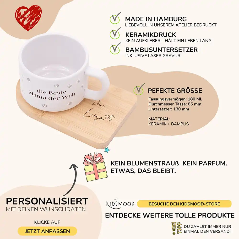 Tasse mit Name Muttertag Beste Mama Blümchen – Produktdetails Keramikbecher 180 ml