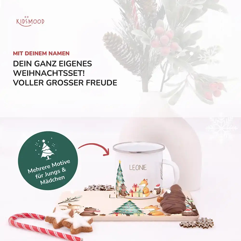 Weihnachts-Set Frühstücksbrettchen + Emaille Tasse - Fuchs am Weihnachtsbaum