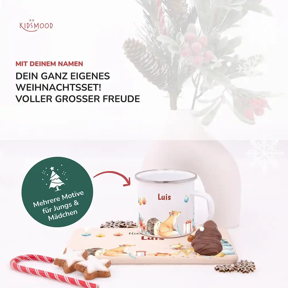 Weihnachts-Set Frühstücksbrettchen und  Emaille Tasse - Fuchs im Wald