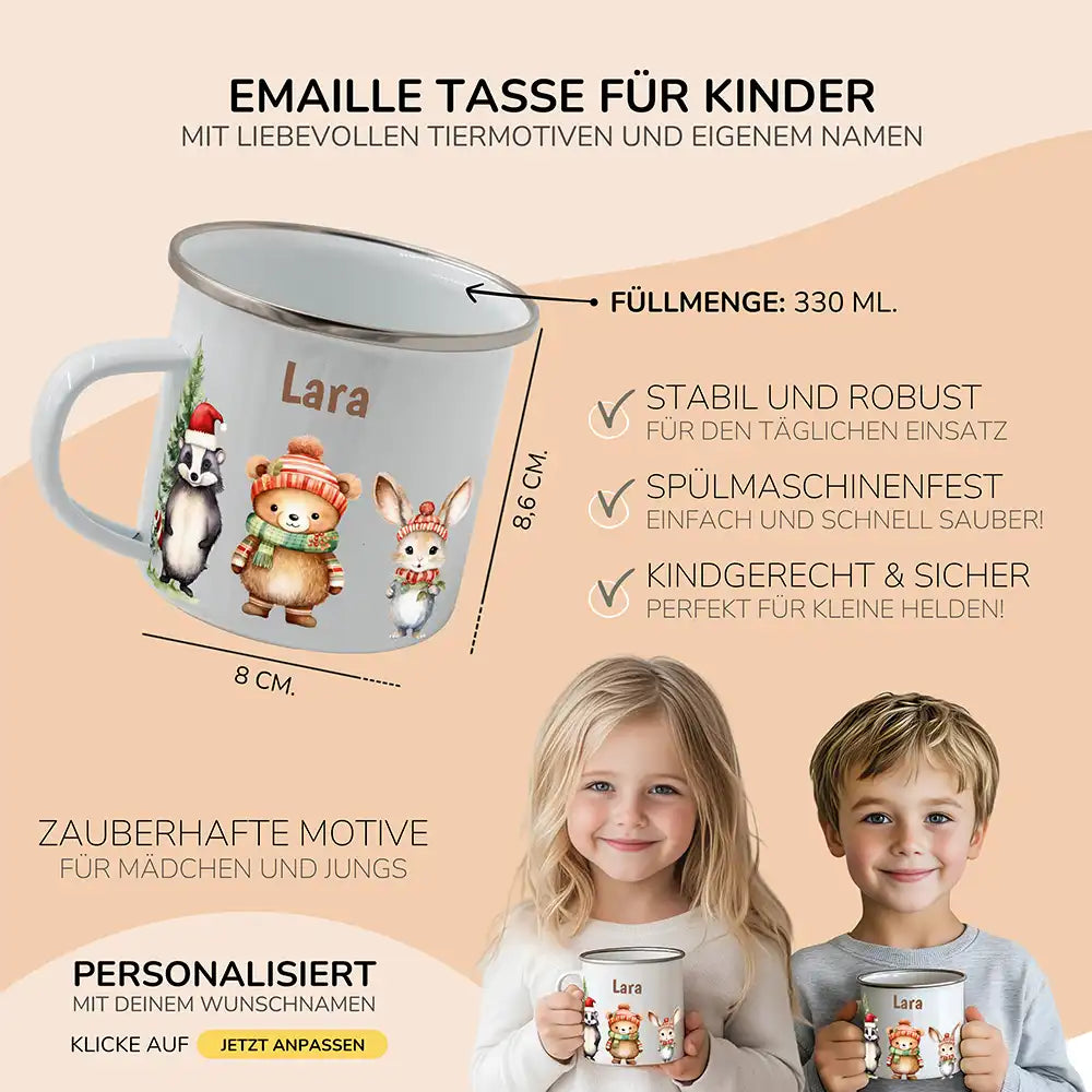 Weihnachts-Set Frühstücksbrettchen + Emaille Tasse - Waldfreunde-Picknick Motiv