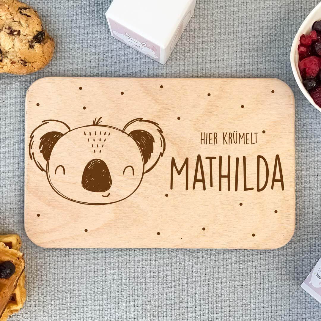 close-up of engraved name on personalized breakfast board