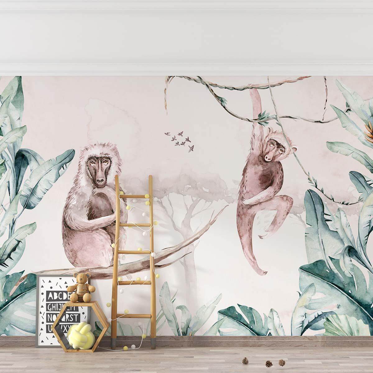 tropical monkey wall mural with lush jungle scenery