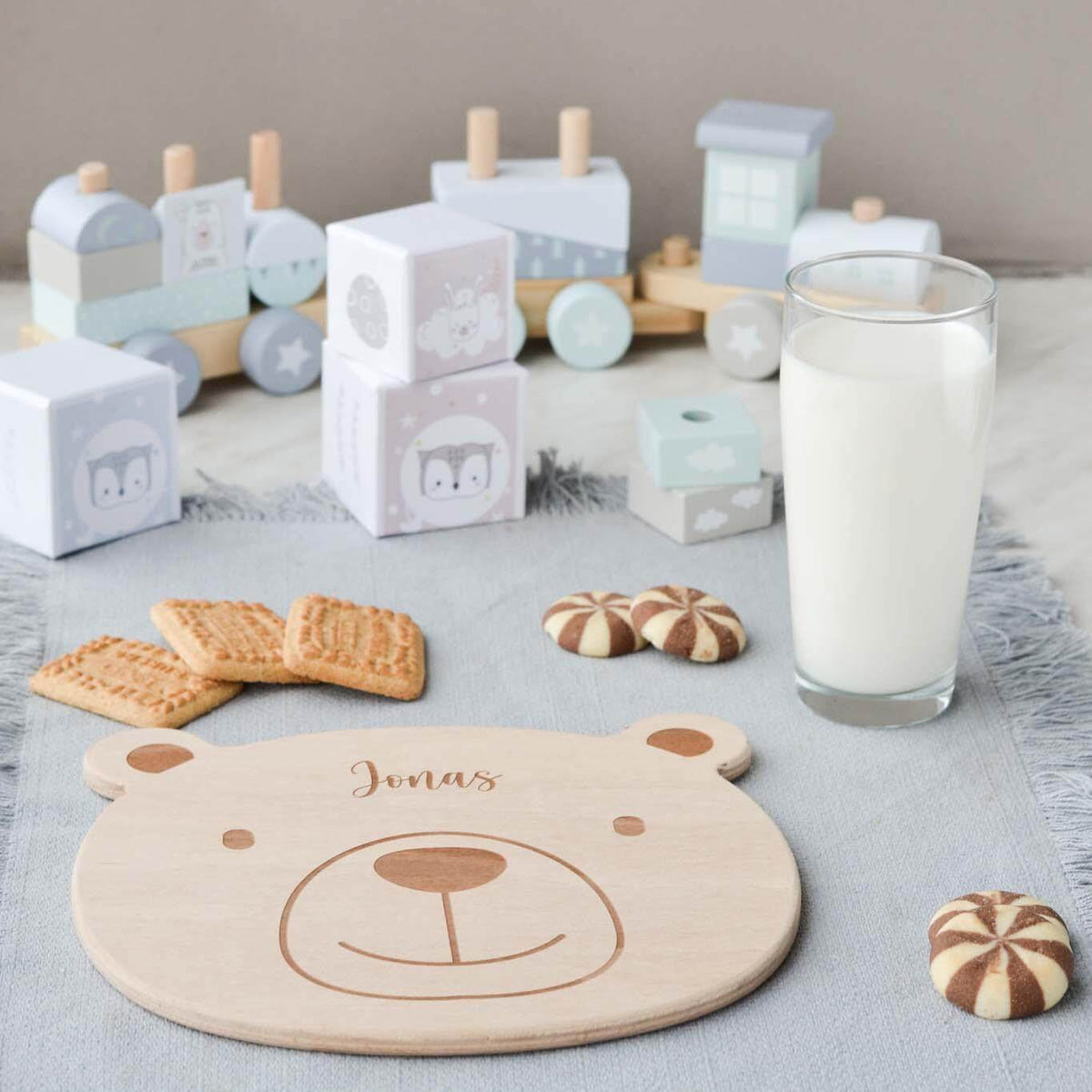 close-up of bear face design on personalized breakfast board