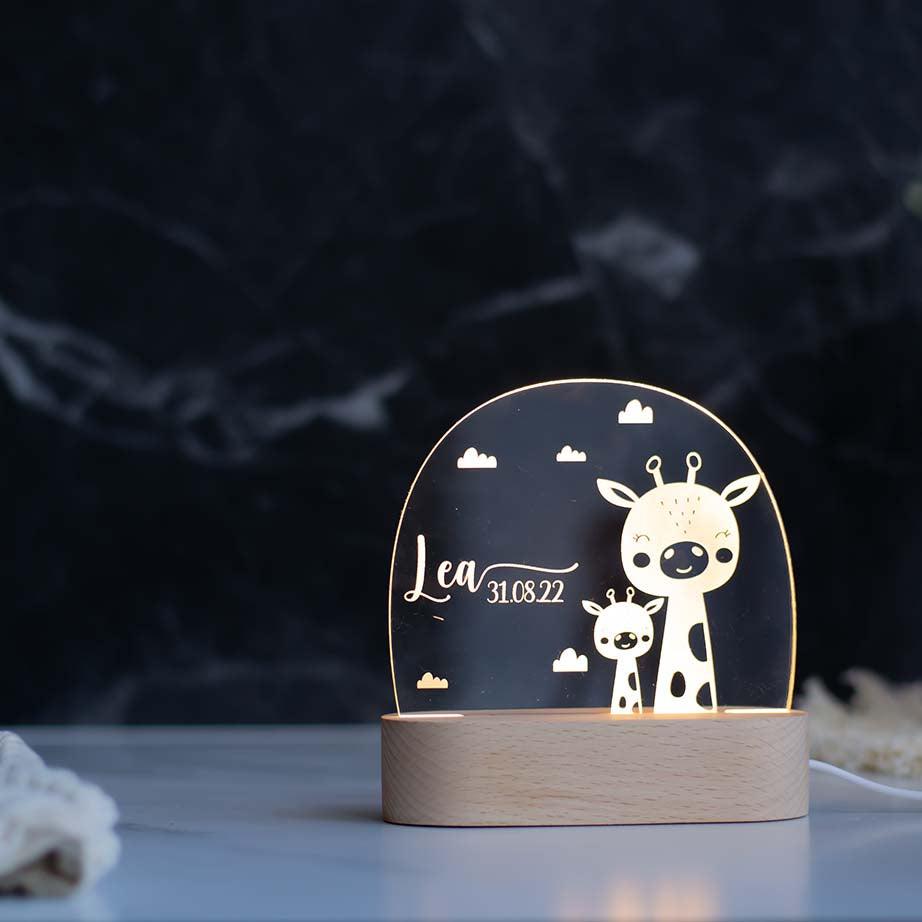 close-up of giraffe night lamp with personalized engraving
