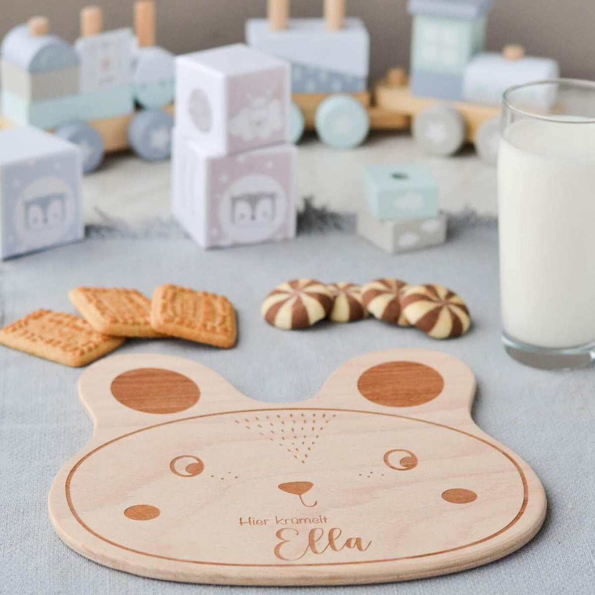 close-up of bunny face design on personalized breakfast board