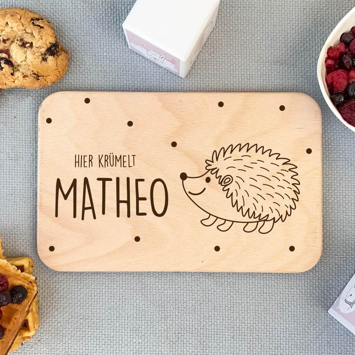 close-up of hedgehog design on personalized breakfast board