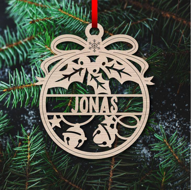 close-up of wooden Christmas ornament with personalized engraving