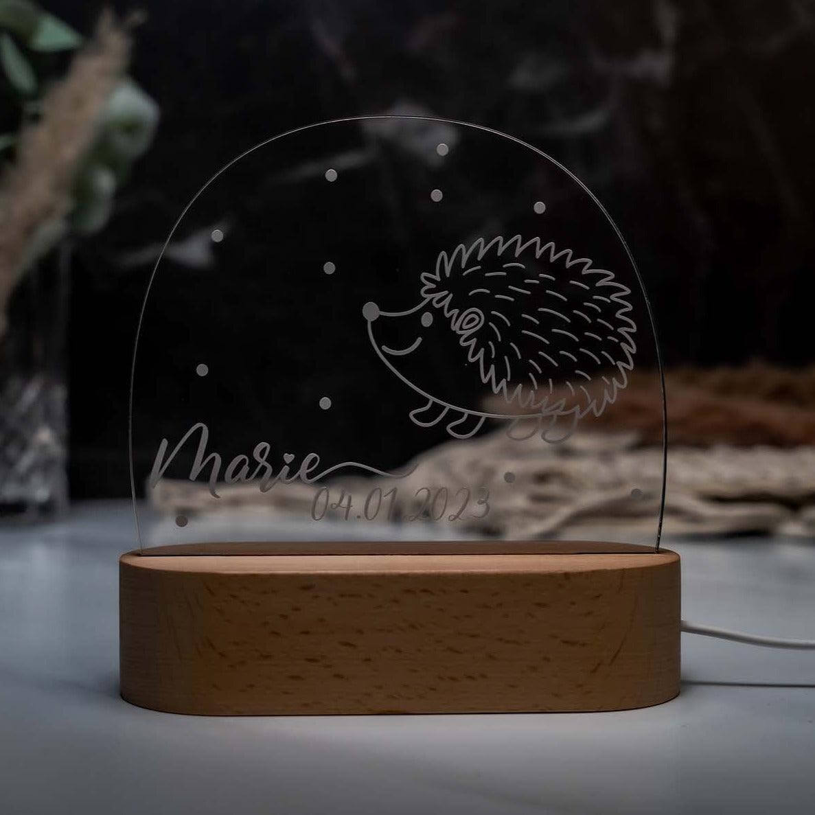 engraved night lamp with hedgehog and custom name