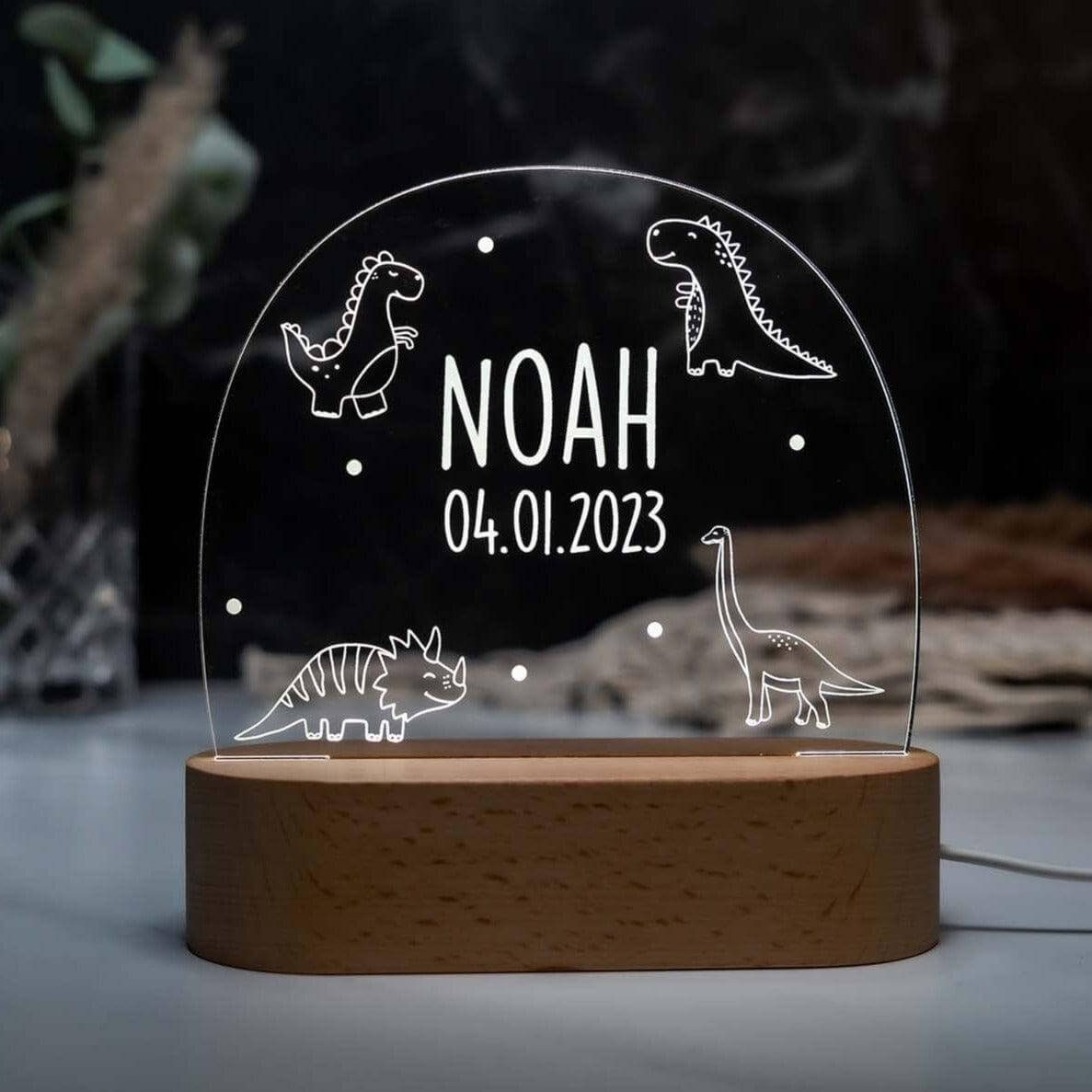 engraved night lamp with dinosaur and custom name