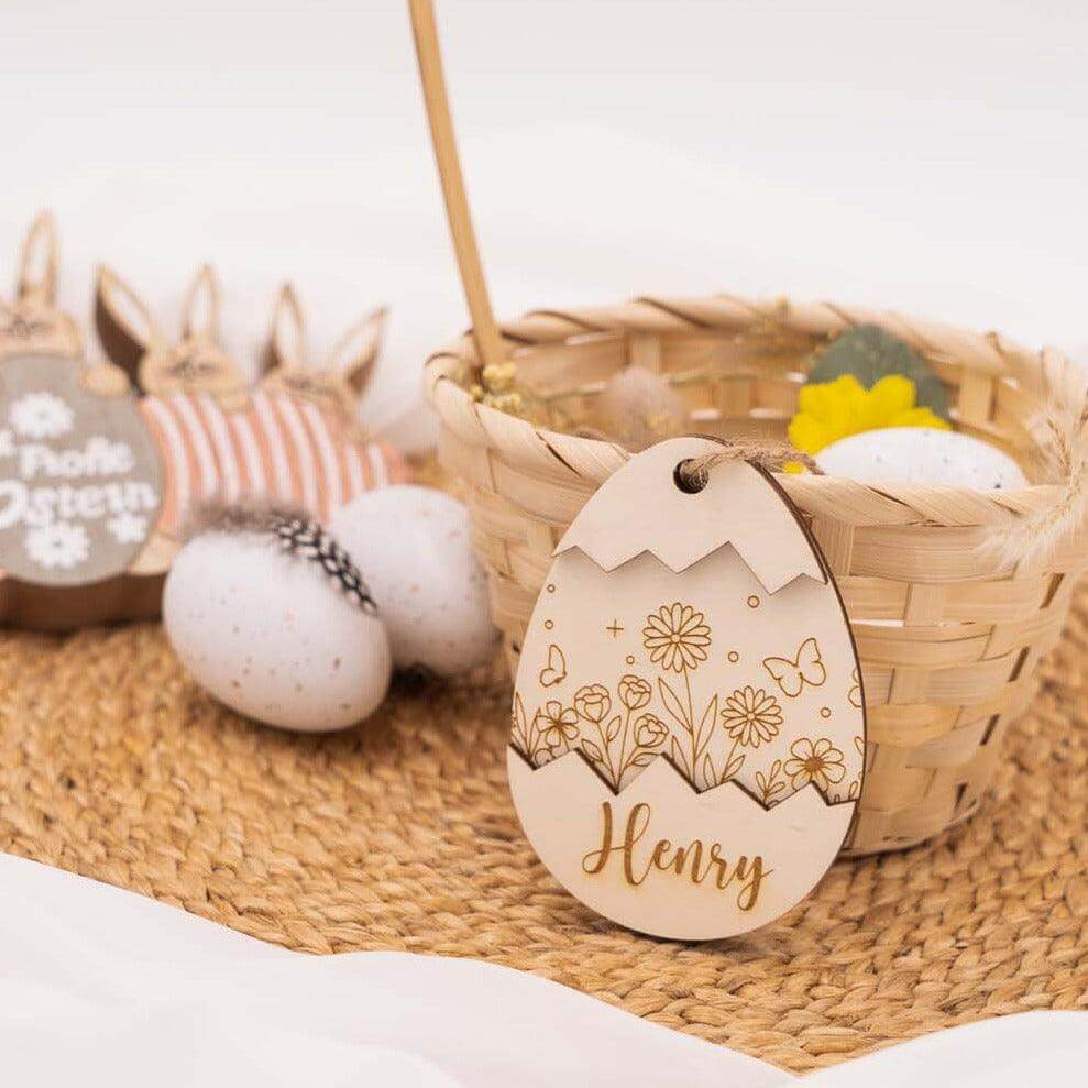 close-up of wooden Easter decoration with personalized name