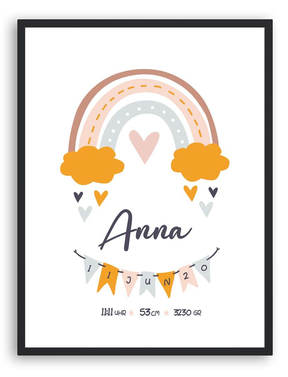 close-up of custom birth information on rainbow-themed poster