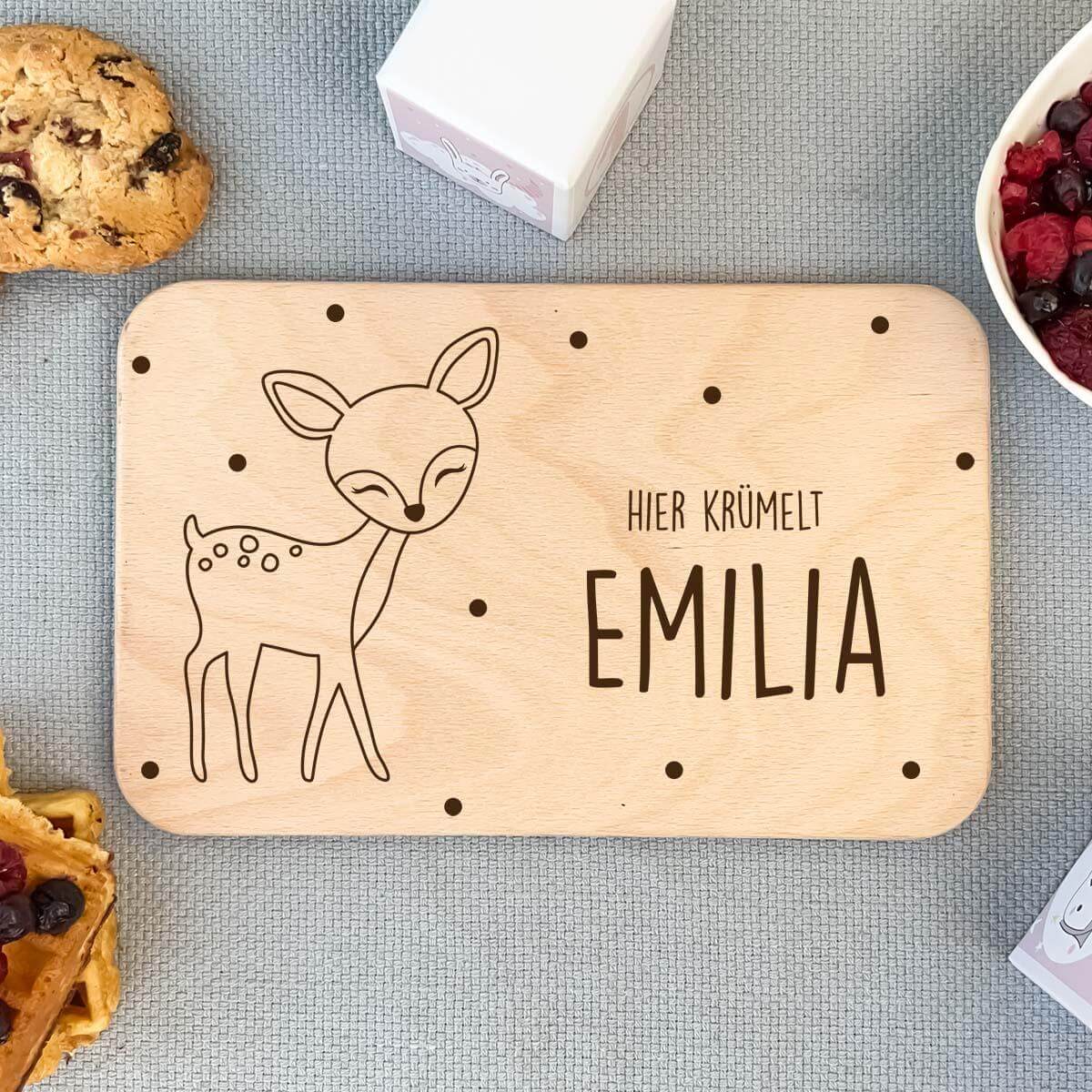 close-up of deer design on personalized breakfast board