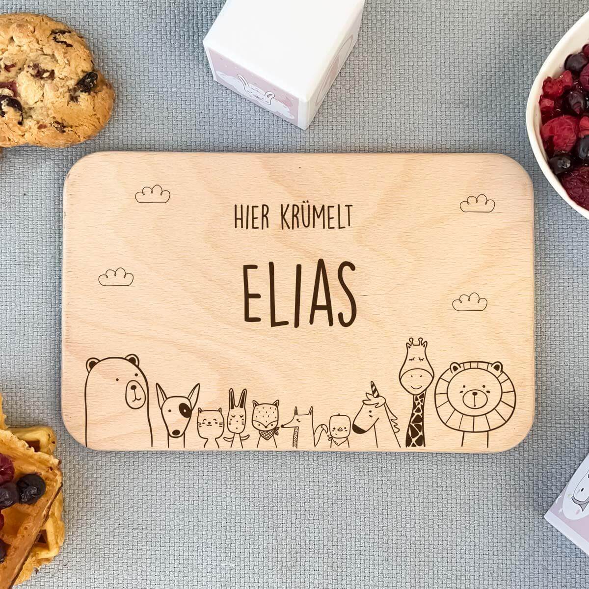 close-up of animal family design on personalized breakfast board