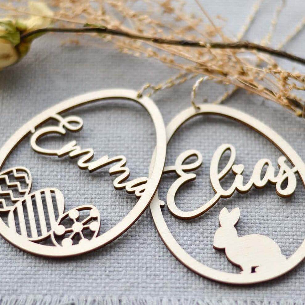 close-up of Easter decoration made of wood with personalized engraving