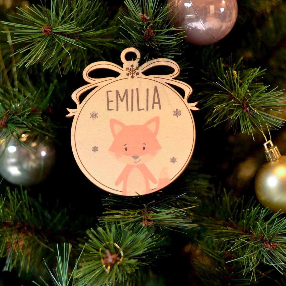personalized wooden Christmas ornament with fox design